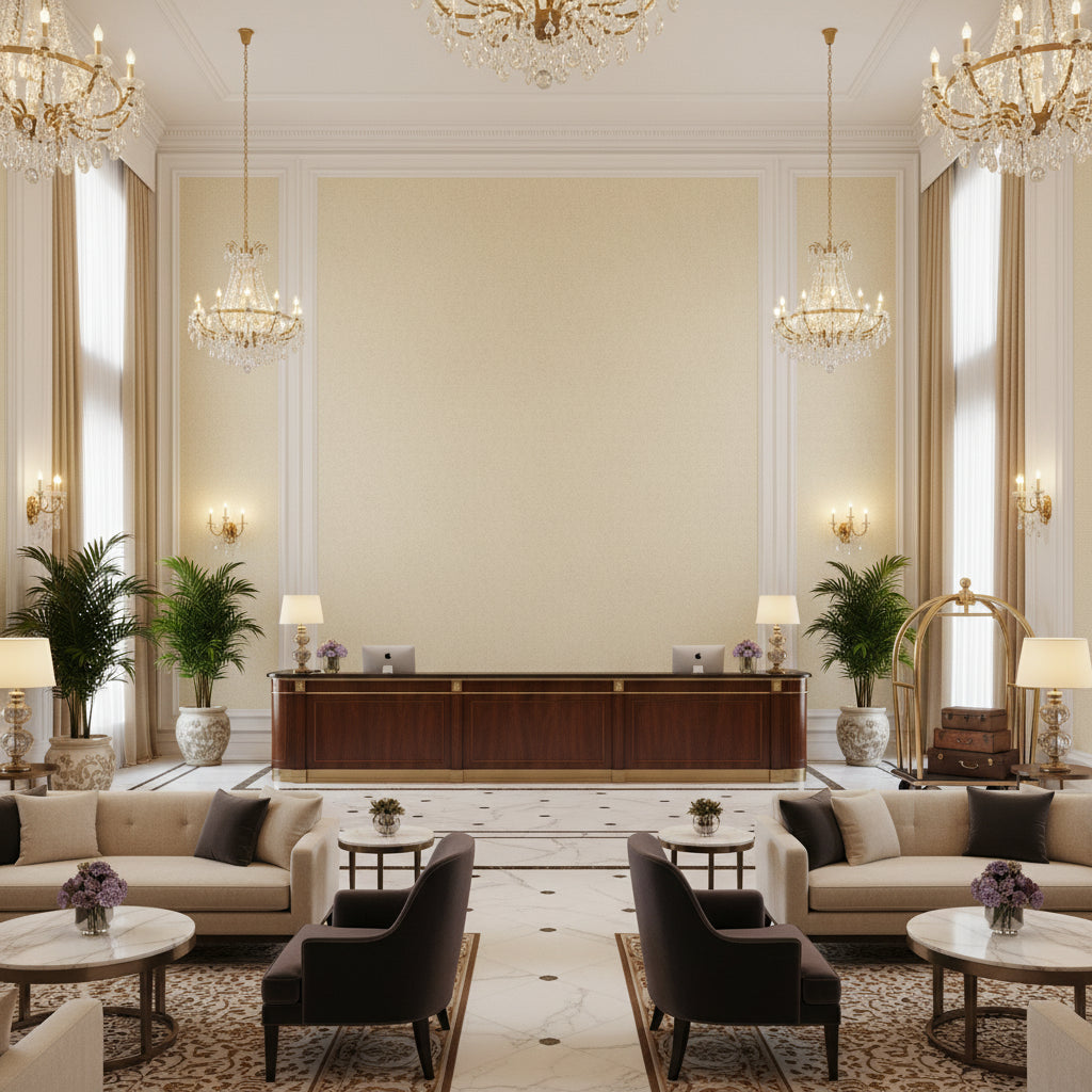 Watermill Linen beige | Kravet - Hotel Lobby Visualization (AI-generated, may not be to scale. Verify pattern scale with product specifications.)