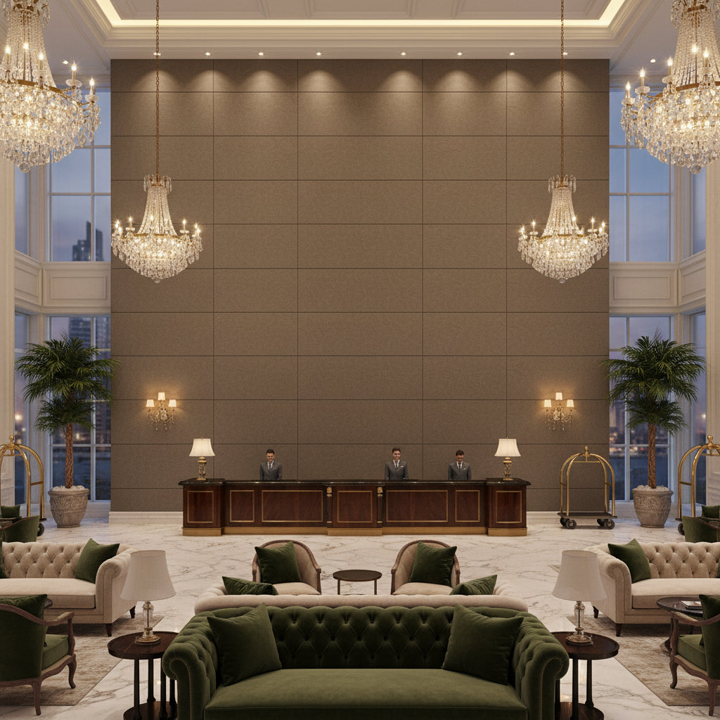 Watermill Linen Tea | Kravet - Hotel Lobby Visualization (AI-generated, may not be to scale. Verify pattern scale with product specifications.)