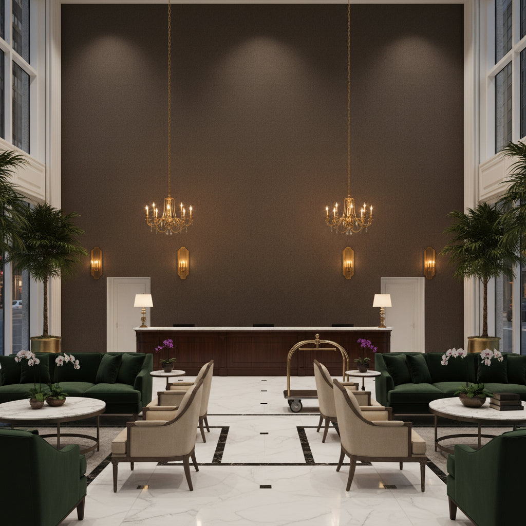 Watermill Linen Seal | Kravet - Hotel Lobby Visualization (AI-generated, may not be to scale. Verify pattern scale with product specifications.)