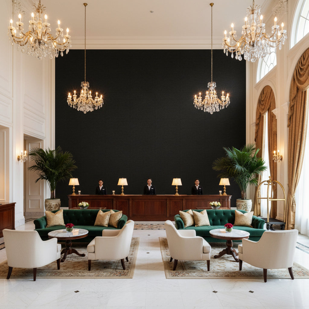 Watermill Linen Caviar | Kravet - Hotel Lobby Visualization (AI-generated, may not be to scale. Verify pattern scale with product specifications.)