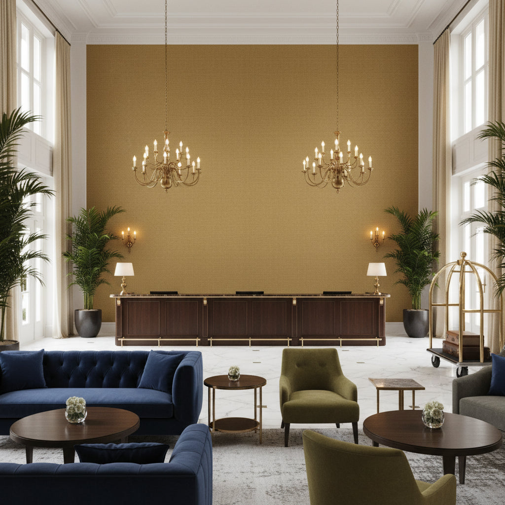 Watermill Linen Gold | Kravet - Hotel Lobby Visualization (AI-generated, may not be to scale. Verify pattern scale with product specifications.)