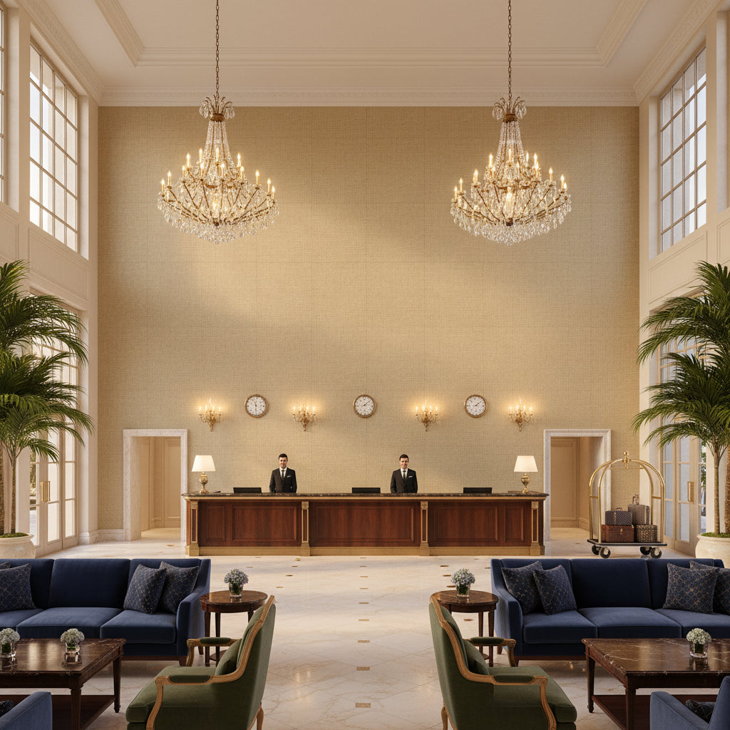 Watermill Linen Wheat | Kravet - Hotel Lobby Visualization (AI-generated, may not be to scale. Verify pattern scale with product specifications.)