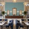 Watermill Linen teal | Kravet - Hotel Lobby Visualization (AI-generated, may not be to scale. Verify pattern scale with product specifications.)