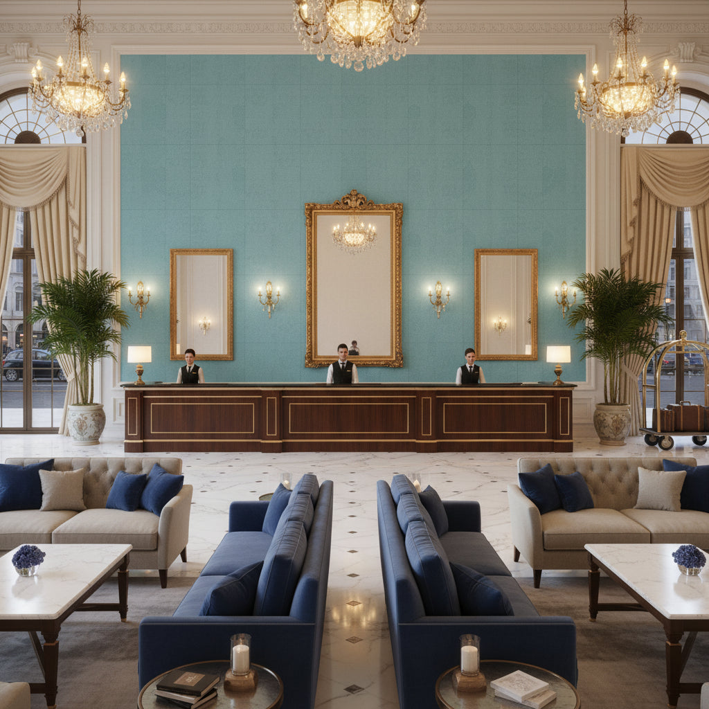 Watermill Linen teal | Kravet - Hotel Lobby Visualization (AI-generated, may not be to scale. Verify pattern scale with product specifications.)