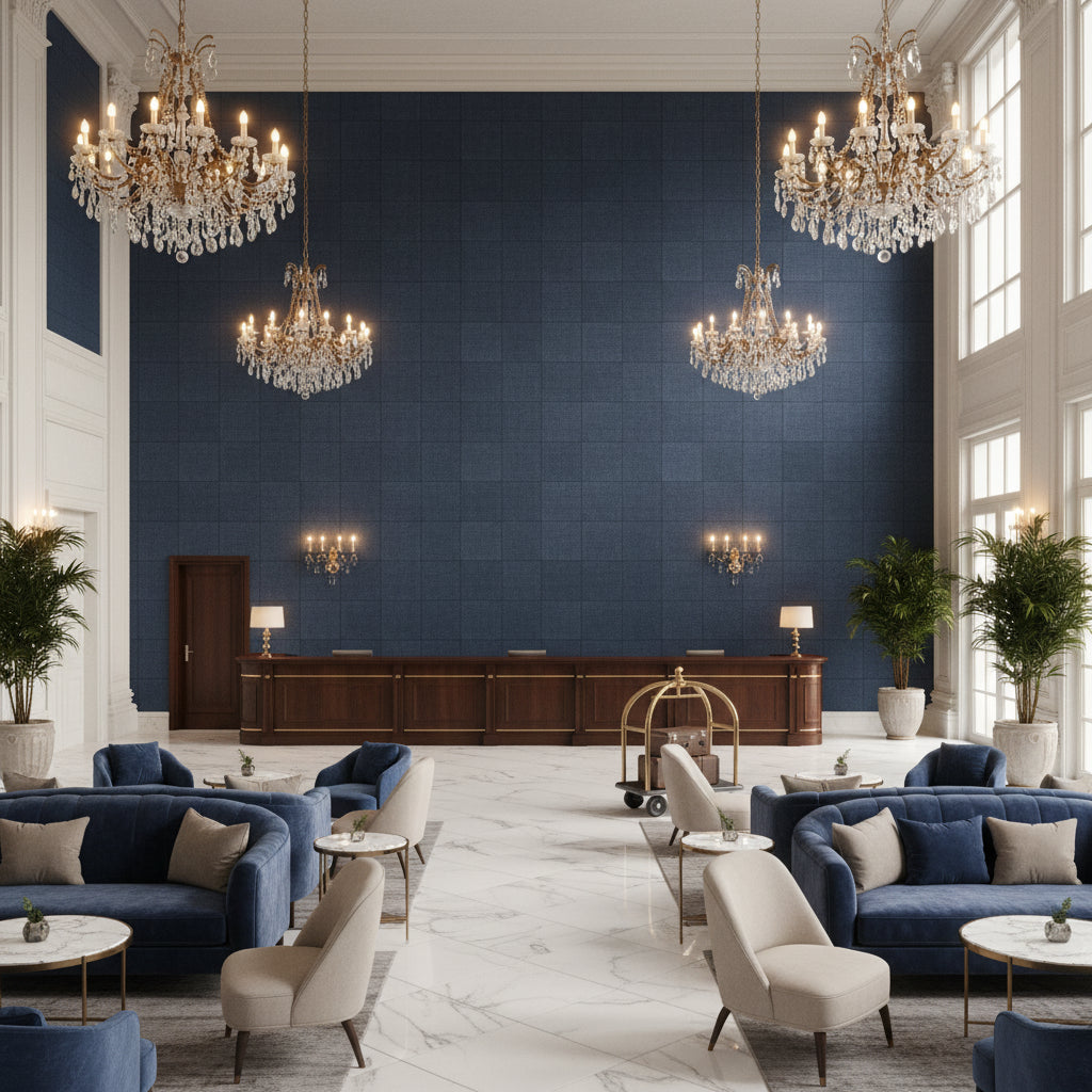 Watermill Linen Navy | Kravet - Hotel Lobby Visualization (AI-generated, may not be to scale. Verify pattern scale with product specifications.)