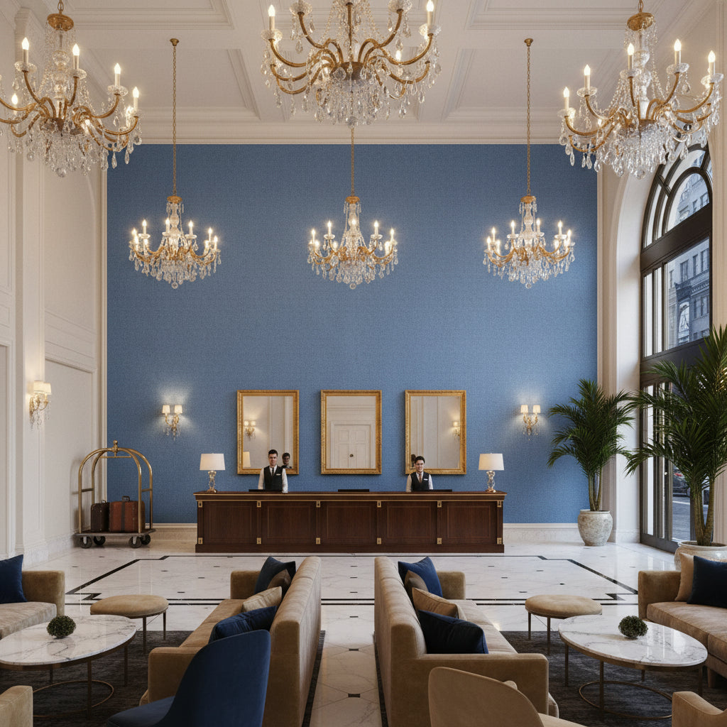 Watermill Linen cornflower blue | Kravet - Hotel Lobby Visualization (AI-generated, may not be to scale. Verify pattern scale with product specifications.)