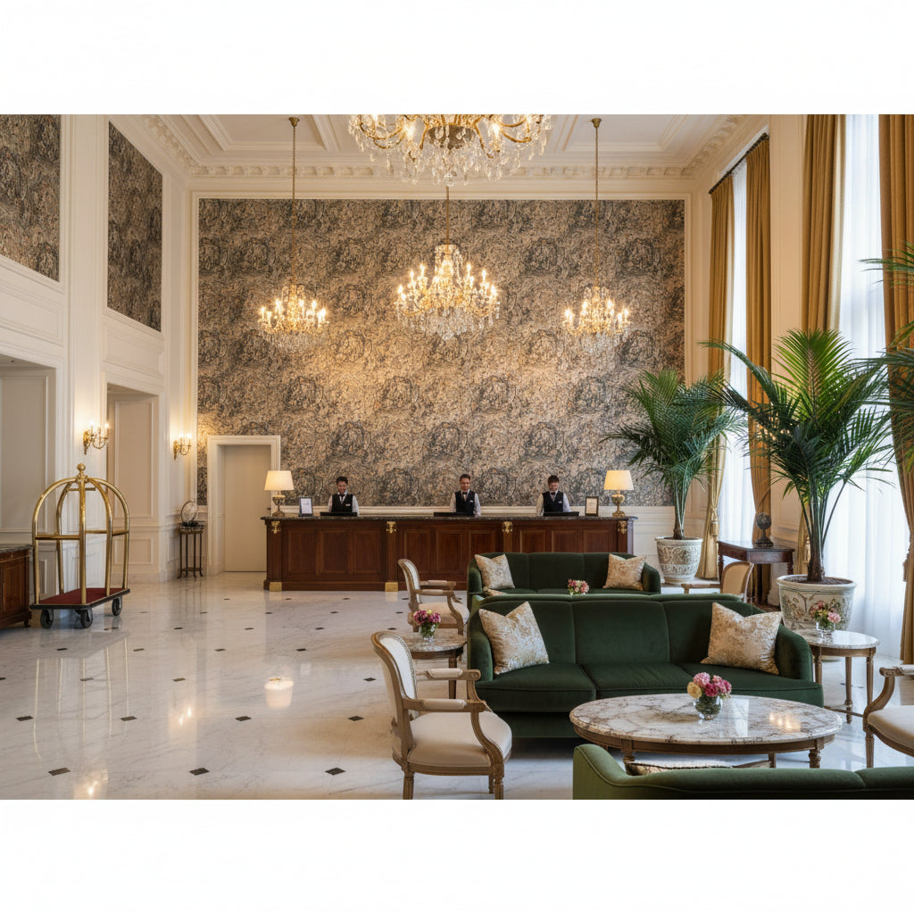 Watermill Linen Onyx | Kravet - Hotel Lobby Visualization (AI-generated, may not be to scale. Verify pattern scale with product specifications.)