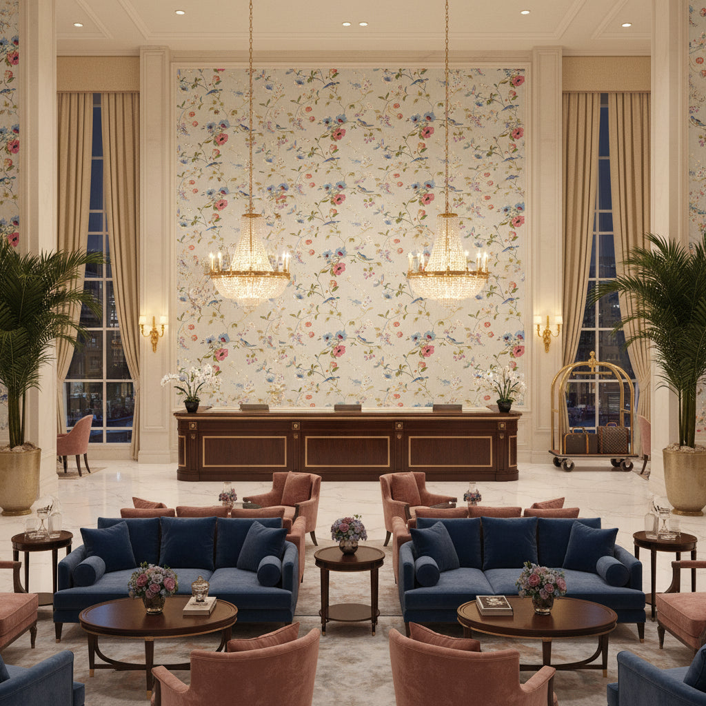 Meadowood Mist | Kravet - Hotel Lobby Visualization (AI-generated, may not be to scale. Verify pattern scale with product specifications.)