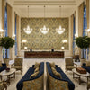 Tetbury Blue/Green | Kravet - Hotel Lobby Visualization (AI-generated, may not be to scale. Verify pattern scale with product specifications.)
