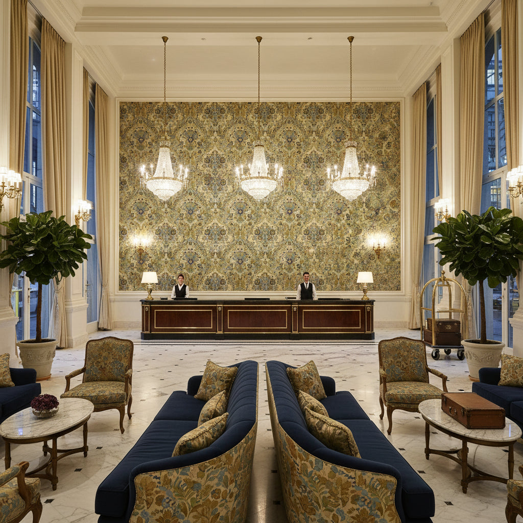 Tetbury Blue/Green | Kravet - Hotel Lobby Visualization (AI-generated, may not be to scale. Verify pattern scale with product specifications.)