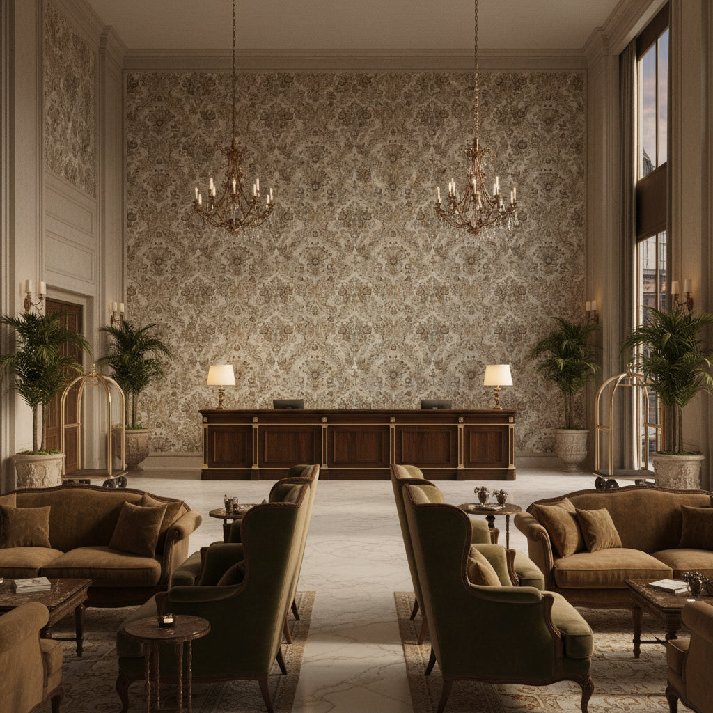 Tetbury Grey/Bisque | Kravet - Hotel Lobby Visualization (AI-generated, may not be to scale. Verify pattern scale with product specifications.)