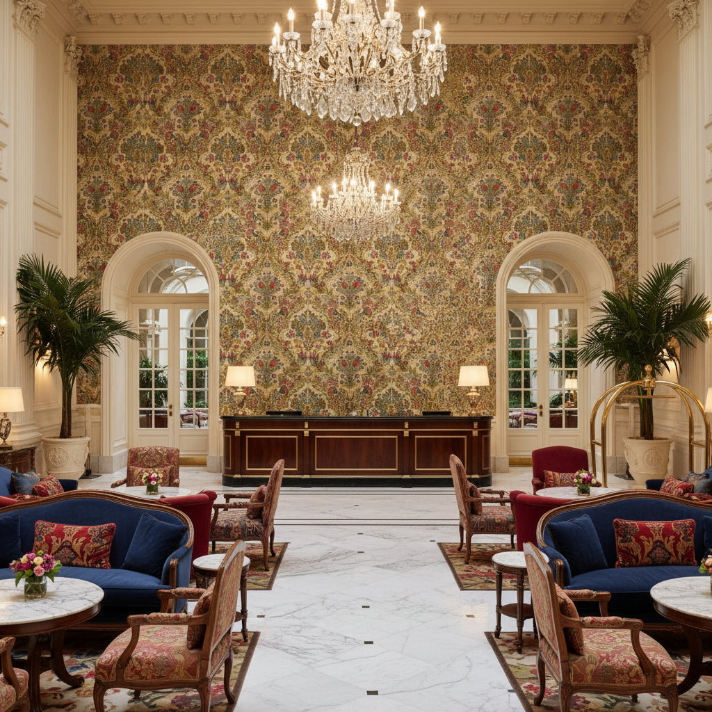 Tetbury Rose/Aqua | Kravet - Hotel Lobby Visualization (AI-generated, may not be to scale. Verify pattern scale with product specifications.)