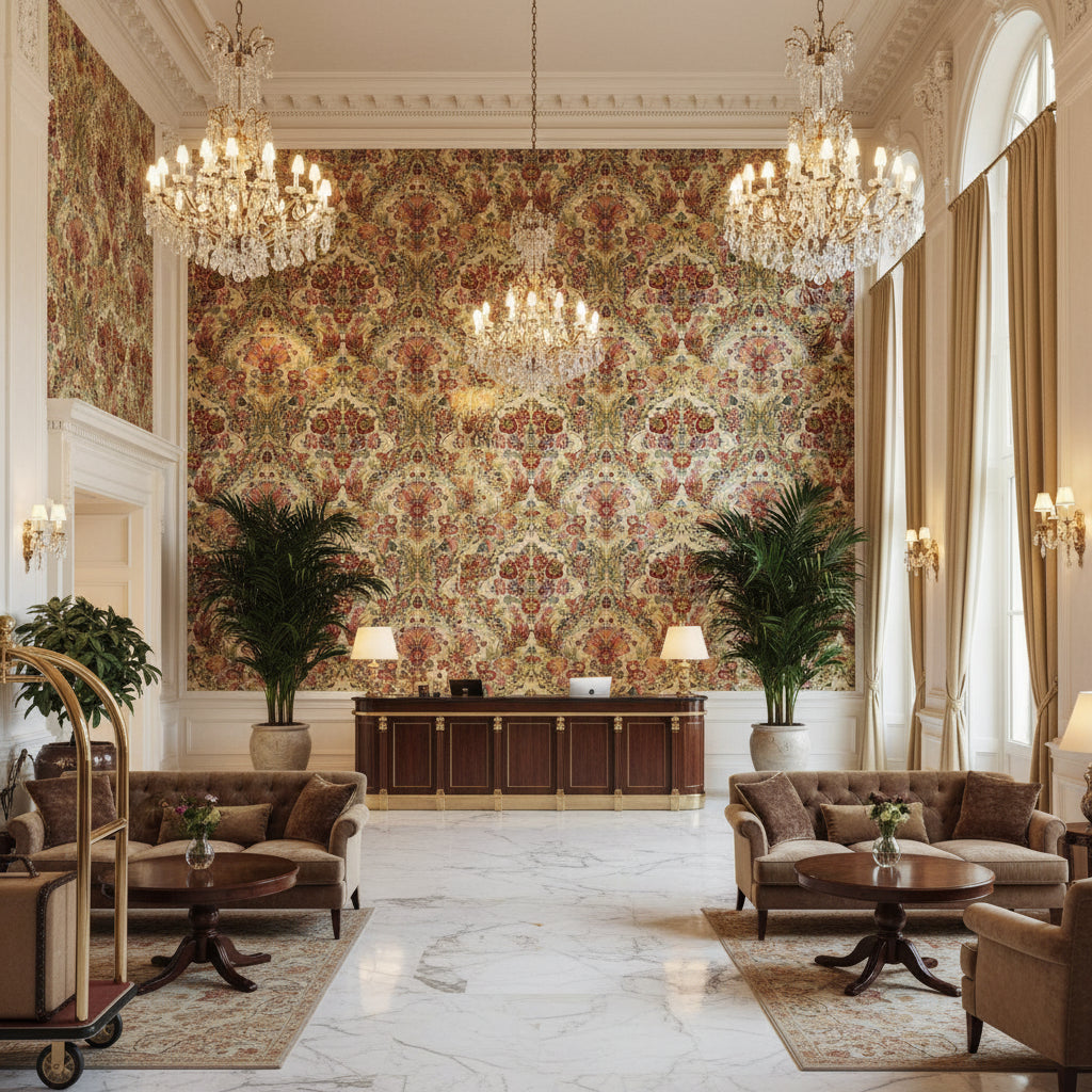 Tetbury Multi | Kravet - Hotel Lobby Visualization (AI-generated, may not be to scale. Verify pattern scale with product specifications.)