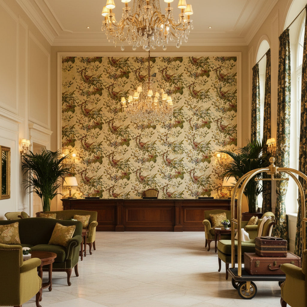 Lyndhurst Cream | Kravet - Hotel Lobby Visualization (AI-generated, may not be to scale. Verify pattern scale with product specifications.)