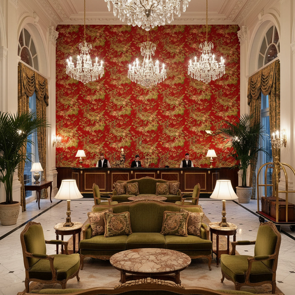Lyndhurst Currant | Kravet - Hotel Lobby Visualization (AI-generated, may not be to scale. Verify pattern scale with product specifications.)