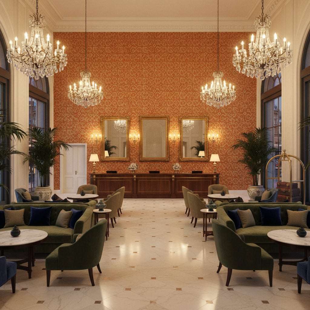 Chantilly Weave Spice | Kravet - Hotel Lobby Visualization (AI-generated, may not be to scale. Verify pattern scale with product specifications.)