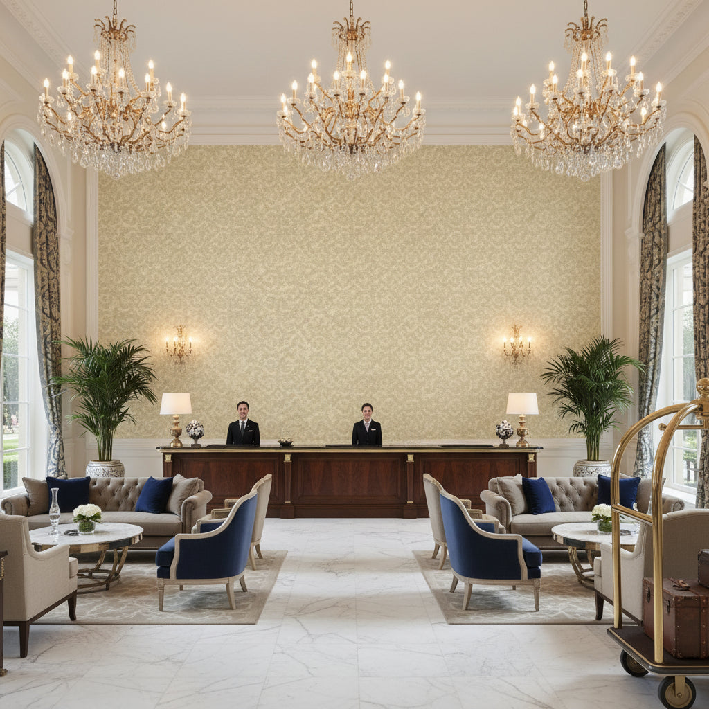 Chantilly Weave Beige | Kravet - Hotel Lobby Visualization (AI-generated, may not be to scale. Verify pattern scale with product specifications.)