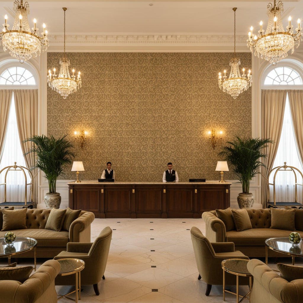 Chantilly Weave Vicuna | Kravet - Hotel Lobby Visualization (AI-generated, may not be to scale. Verify pattern scale with product specifications.)