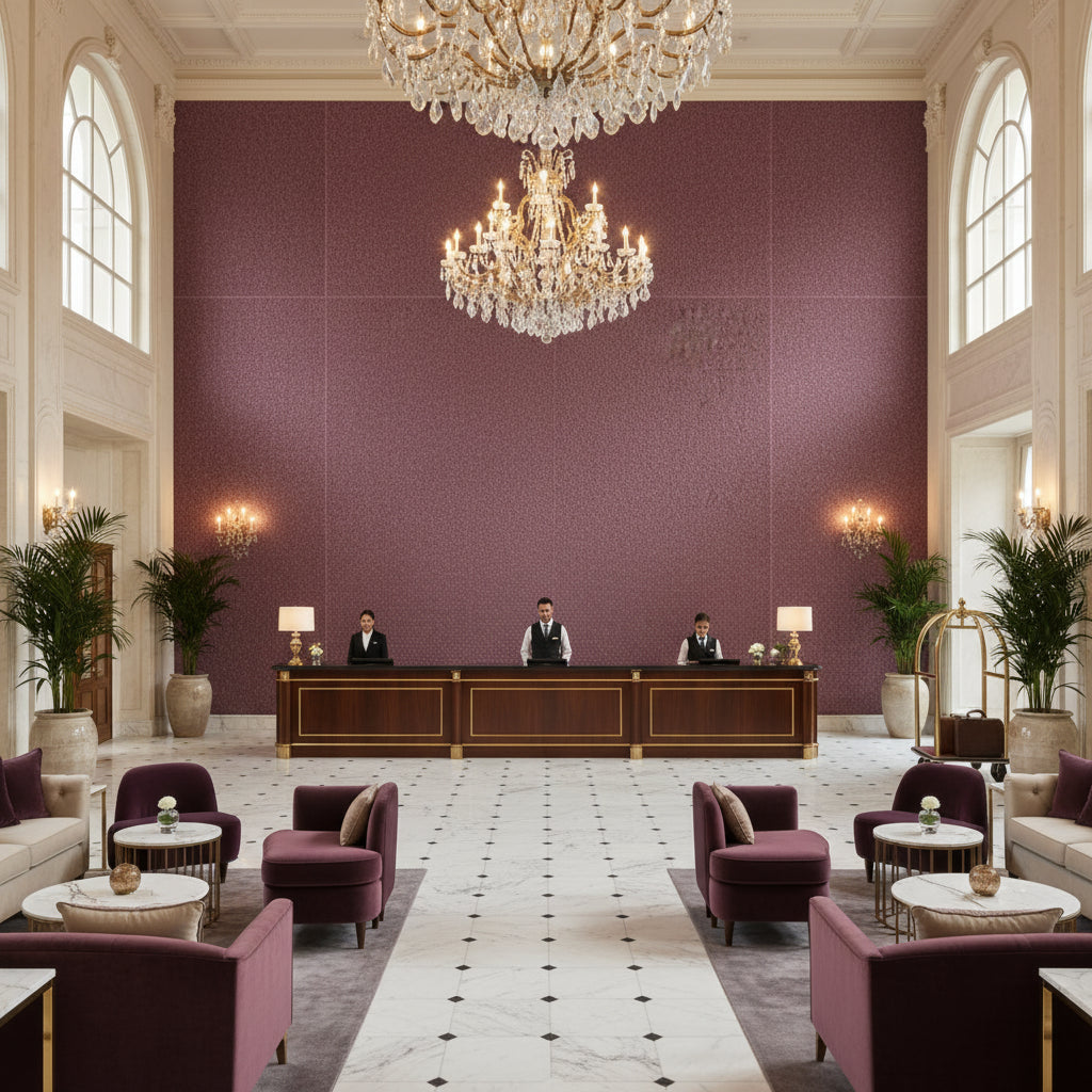 Bennett Prune | Kravet - Hotel Lobby Visualization (AI-generated, may not be to scale. Verify pattern scale with product specifications.)