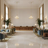 Bennett Greige | Kravet - Hotel Lobby Visualization (AI-generated, may not be to scale. Verify pattern scale with product specifications.)