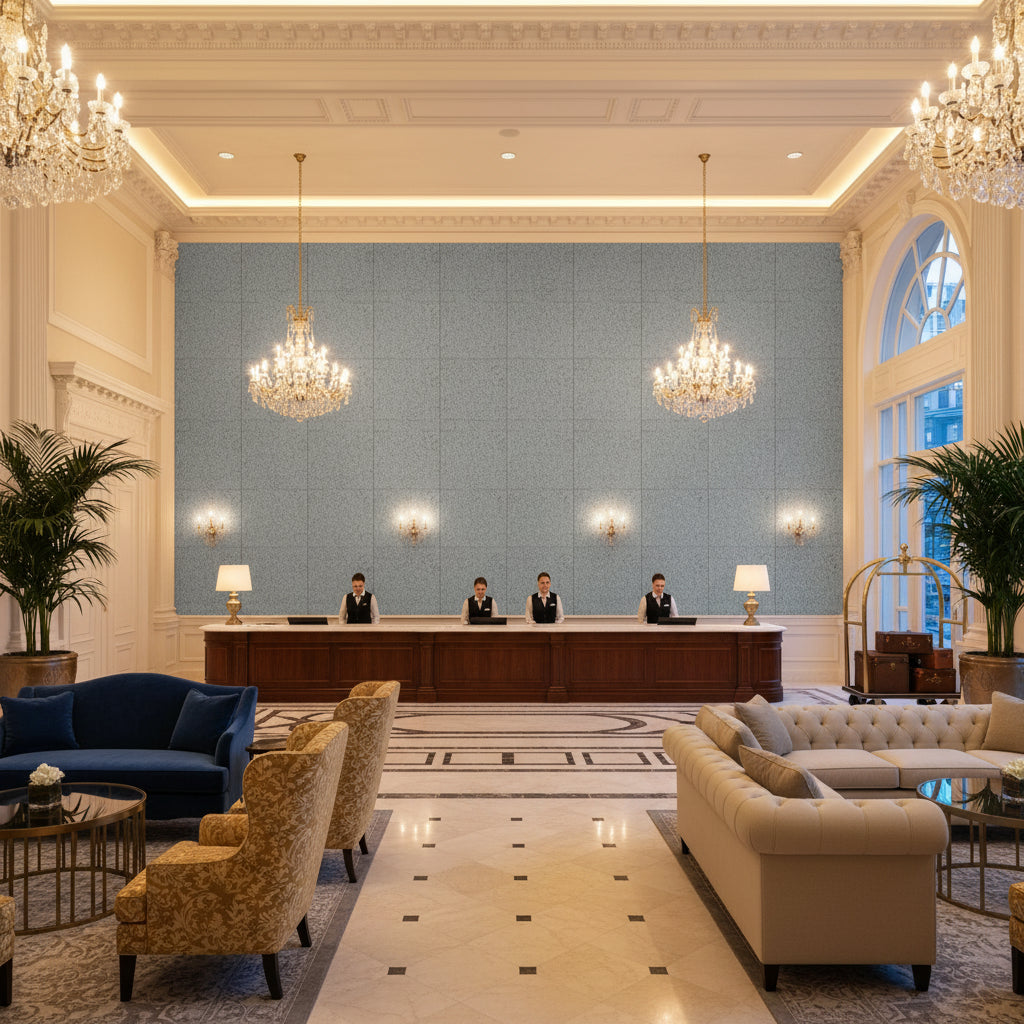 Bennett Slate Blue | Kravet - Hotel Lobby Visualization (AI-generated, may not be to scale. Verify pattern scale with product specifications.)