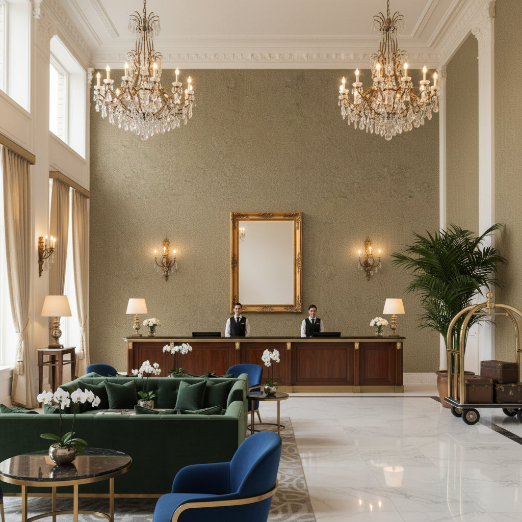 Bennett Cobblestone | Kravet - Hotel Lobby Visualization (AI-generated, may not be to scale. Verify pattern scale with product specifications.)