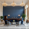 Bennett Indigo | Kravet - Hotel Lobby Visualization (AI-generated, may not be to scale. Verify pattern scale with product specifications.)