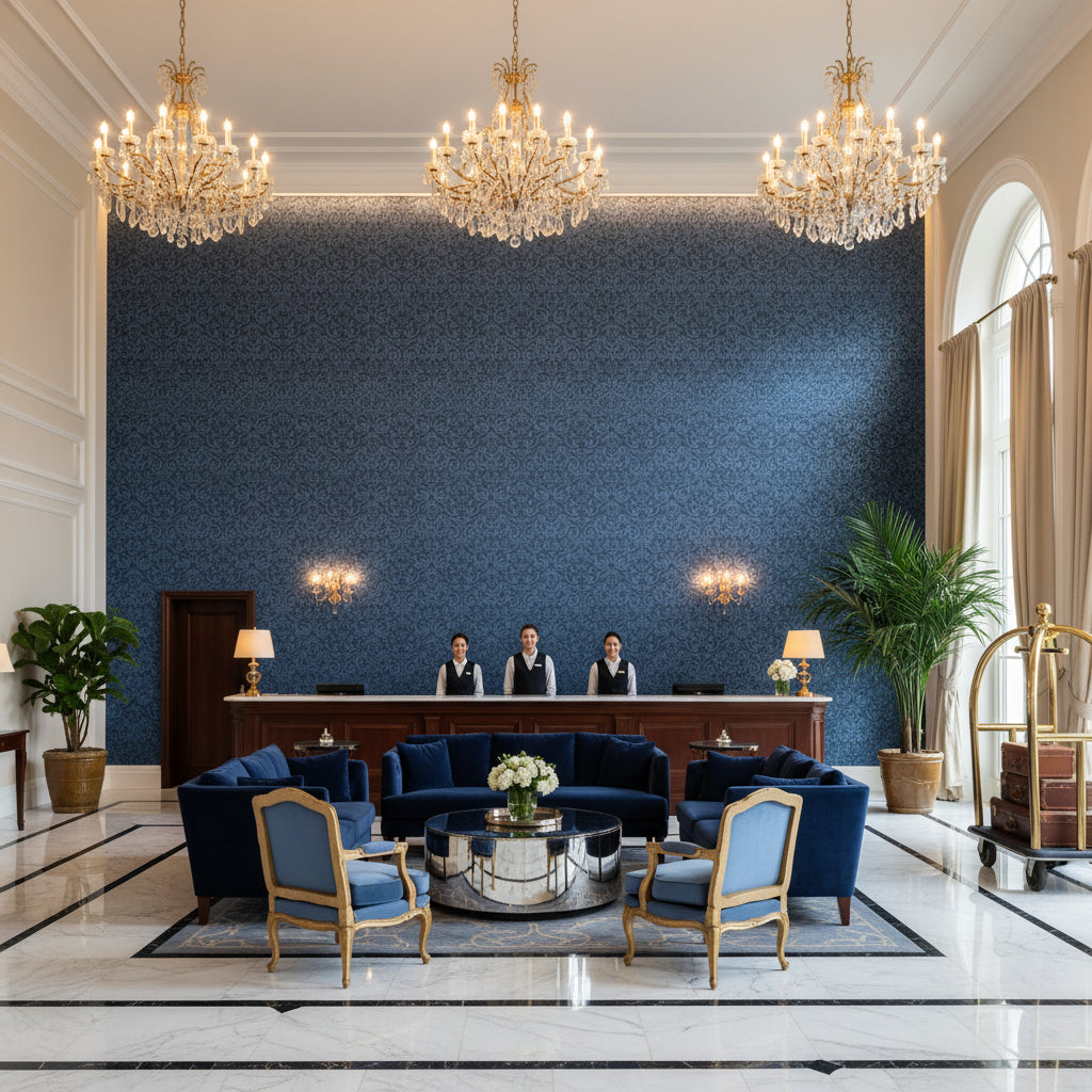 Bennett Indigo | Kravet - Hotel Lobby Visualization (AI-generated, may not be to scale. Verify pattern scale with product specifications.)