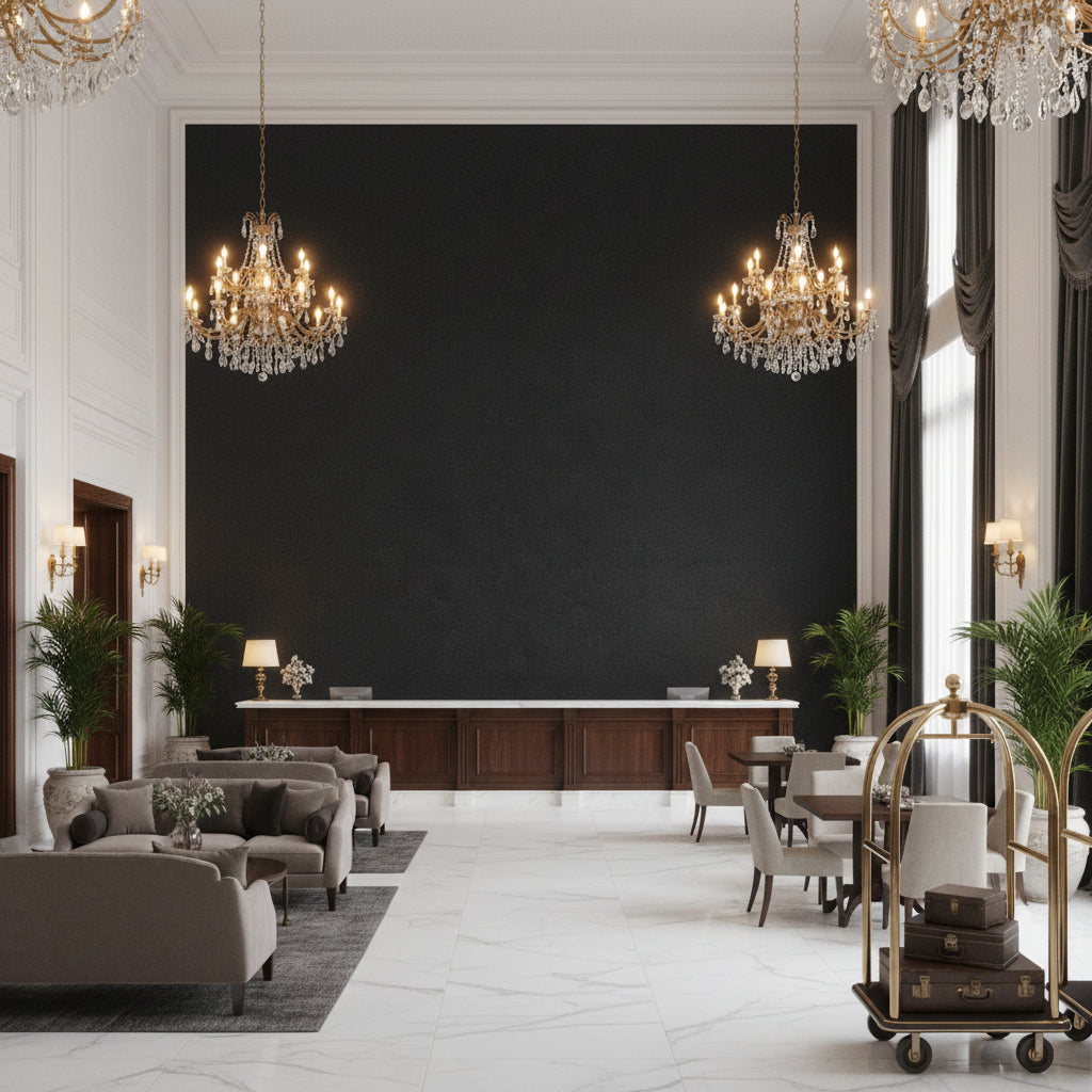 Bennett Coal | Kravet - Hotel Lobby Visualization (AI-generated, may not be to scale. Verify pattern scale with product specifications.)