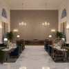 Queen Victoria Dusk | Kravet - Hotel Lobby Visualization (AI-generated, may not be to scale. Verify pattern scale with product specifications.)