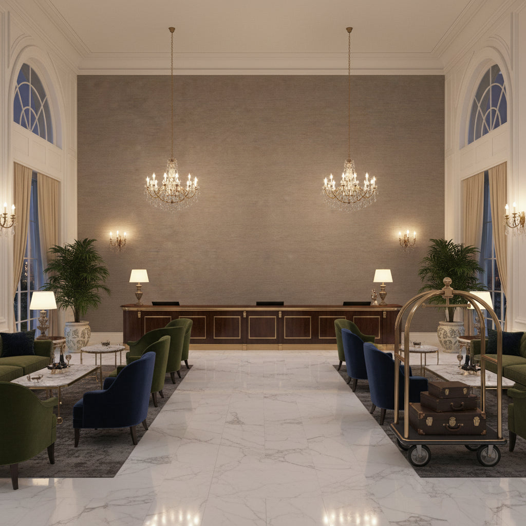 Queen Victoria Dusk | Kravet - Hotel Lobby Visualization (AI-generated, may not be to scale. Verify pattern scale with product specifications.)