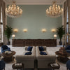Queen Victoria Aqua | Kravet - Hotel Lobby Visualization (AI-generated, may not be to scale. Verify pattern scale with product specifications.)