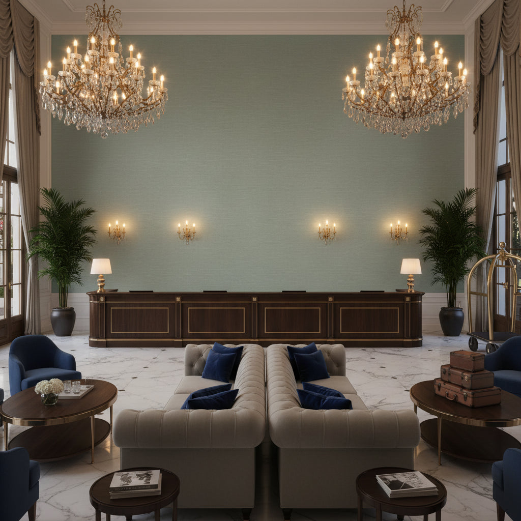 Queen Victoria Aqua | Kravet - Hotel Lobby Visualization (AI-generated, may not be to scale. Verify pattern scale with product specifications.)