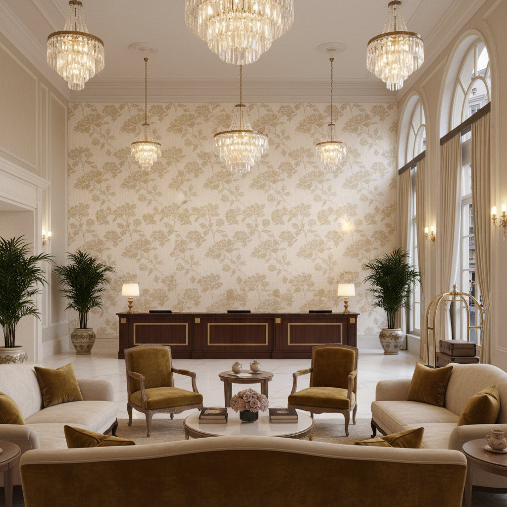 Graciela Ivory/Beige | Kravet - Hotel Lobby Visualization (AI-generated, may not be to scale. Verify pattern scale with product specifications.)