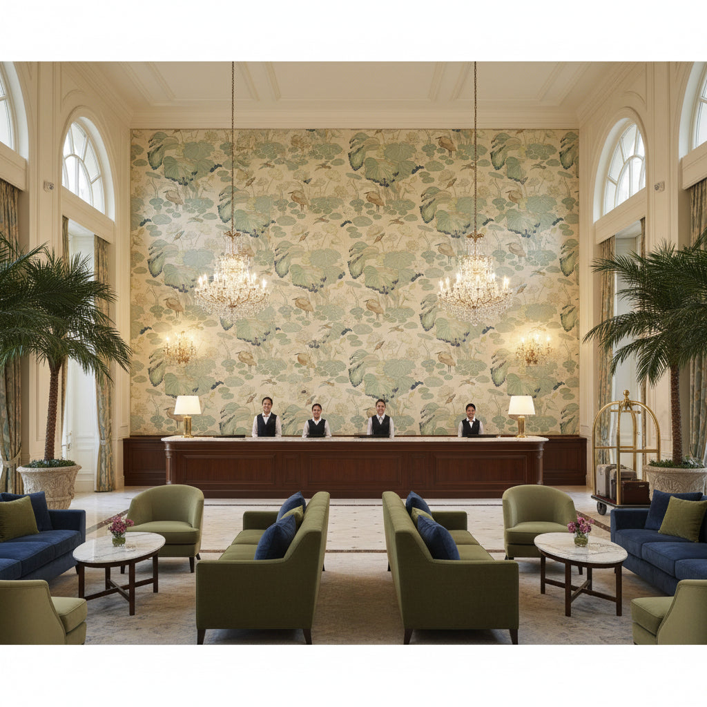 Nympheus Twill Frost/Sea | Kravet - Hotel Lobby Visualization (AI-generated, may not be to scale. Verify pattern scale with product specifications.)