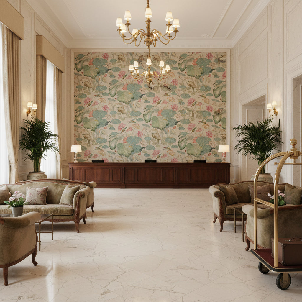 Nympheus Twill Pink/Teal | Kravet - Hotel Lobby Visualization (AI-generated, may not be to scale. Verify pattern scale with product specifications.)