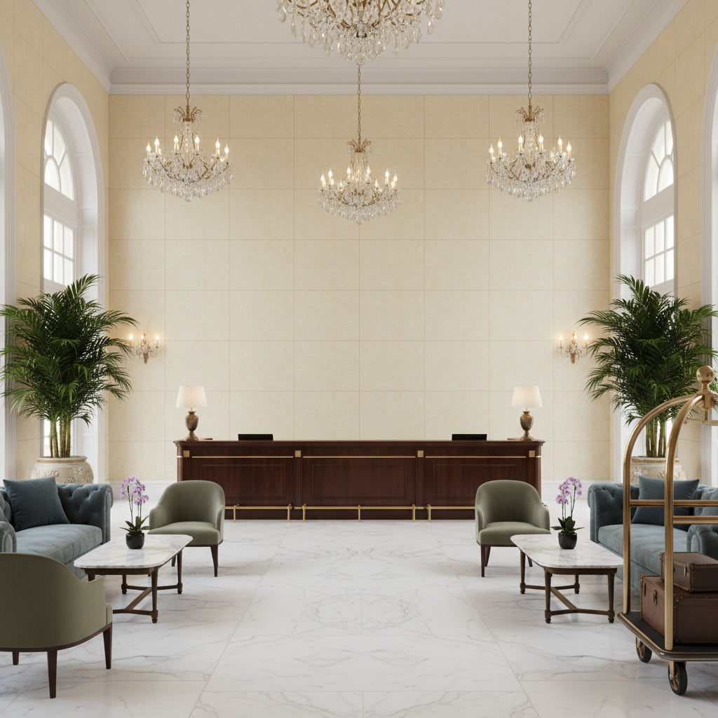 Oxford Velvet beige | Kravet - Hotel Lobby Visualization (AI-generated, may not be to scale. Verify pattern scale with product specifications.)