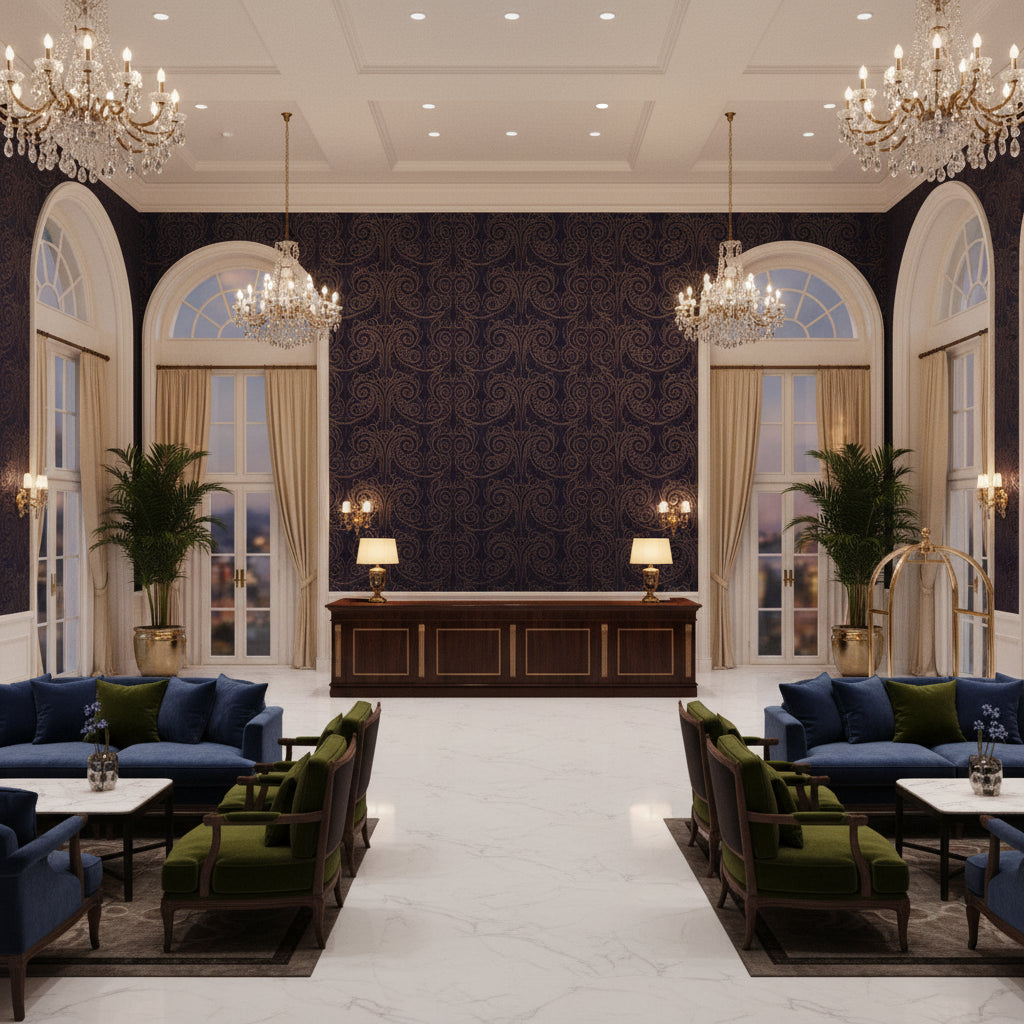 Oxford Velvet Plum | Kravet - Hotel Lobby Visualization (AI-generated, may not be to scale. Verify pattern scale with product specifications.)