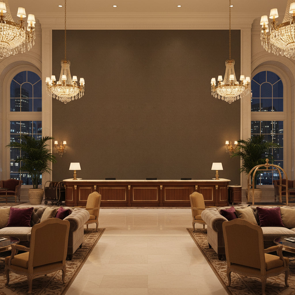 Oxford Velvet Mocha | Kravet - Hotel Lobby Visualization (AI-generated, may not be to scale. Verify pattern scale with product specifications.)