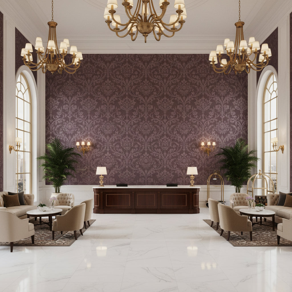 Oxford Velvet Lilac | Kravet - Hotel Lobby Visualization (AI-generated, may not be to scale. Verify pattern scale with product specifications.)