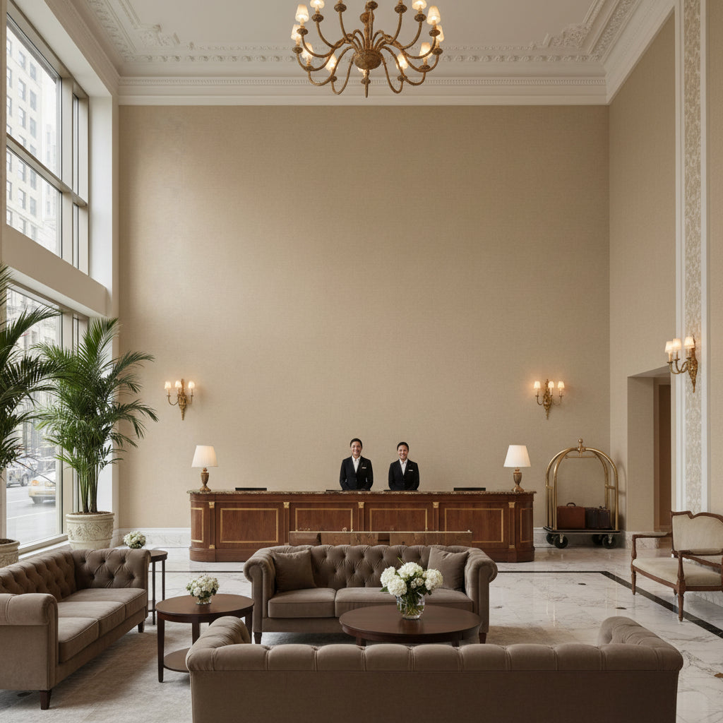 Oxford Velvet beige | Kravet - Hotel Lobby Visualization (AI-generated, may not be to scale. Verify pattern scale with product specifications.)