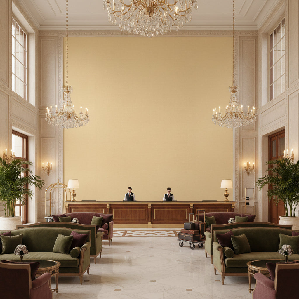 Oxford Velvet Cream | Kravet - Hotel Lobby Visualization (AI-generated, may not be to scale. Verify pattern scale with product specifications.)