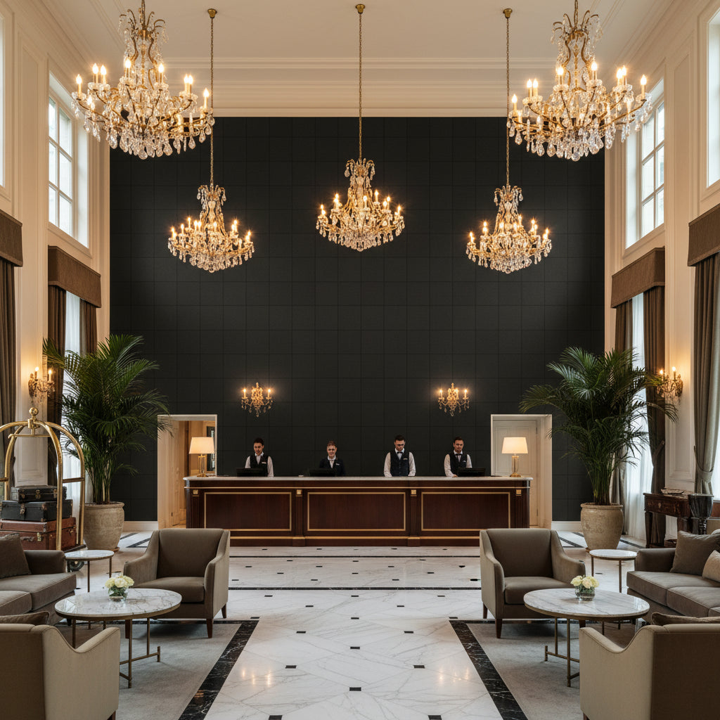 Oxford Velvet Anthracite | Kravet - Hotel Lobby Visualization (AI-generated, may not be to scale. Verify pattern scale with product specifications.)