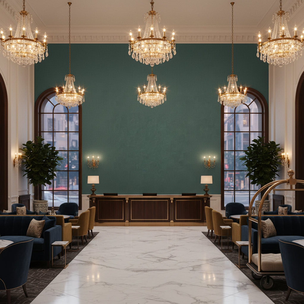 Oxford Velvet teal | Kravet - Hotel Lobby Visualization (AI-generated, may not be to scale. Verify pattern scale with product specifications.)