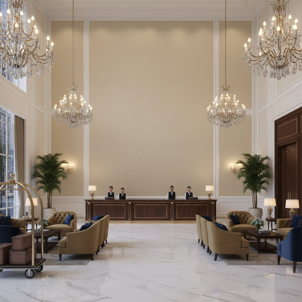 Oxford Velvet Sand | Kravet - Hotel Lobby Visualization (AI-generated, may not be to scale. Verify pattern scale with product specifications.)