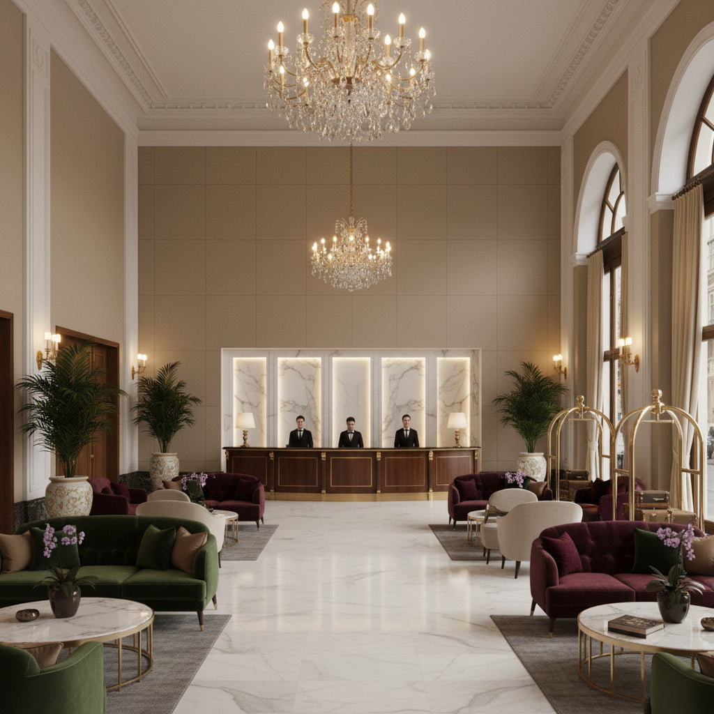 Oxford Velvet Taupe | Kravet - Hotel Lobby Visualization (AI-generated, may not be to scale. Verify pattern scale with product specifications.)