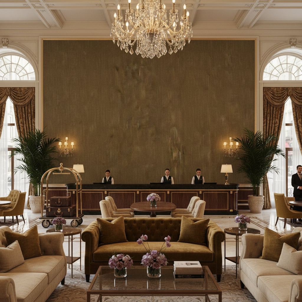 Oxford Velvet Camel | Kravet - Hotel Lobby Visualization (AI-generated, may not be to scale. Verify pattern scale with product specifications.)