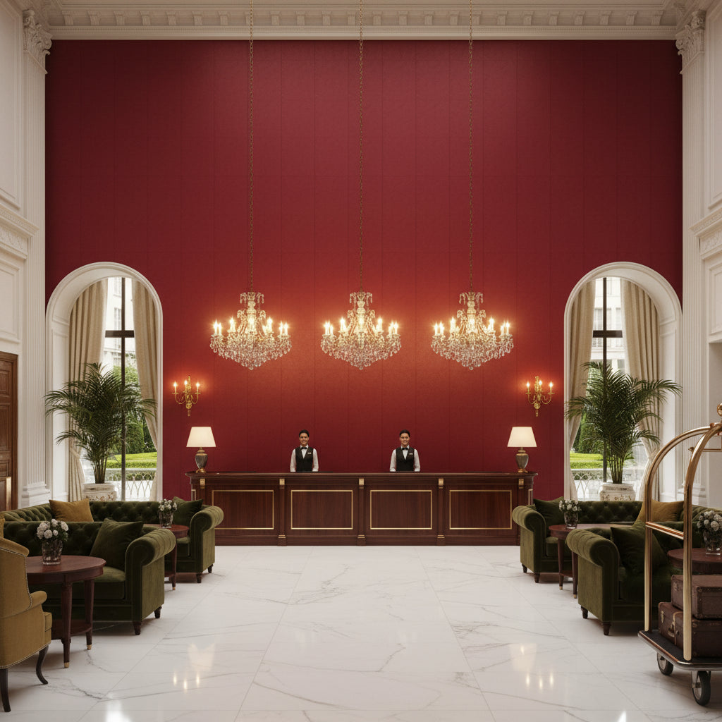 Oxford Velvet burgundy | Kravet - Hotel Lobby Visualization (AI-generated, may not be to scale. Verify pattern scale with product specifications.)