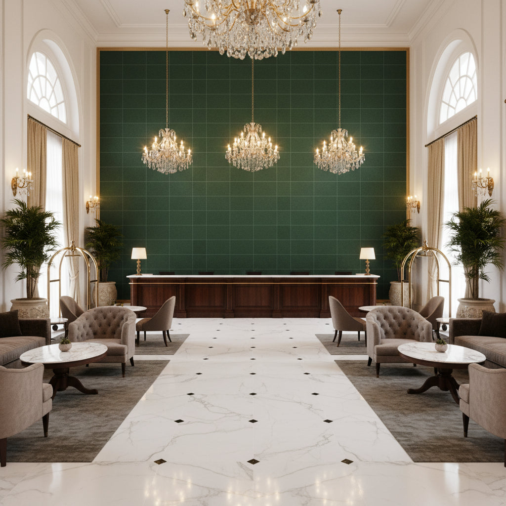 Oxford Velvet Sea Green | Kravet - Hotel Lobby Visualization (AI-generated, may not be to scale. Verify pattern scale with product specifications.)