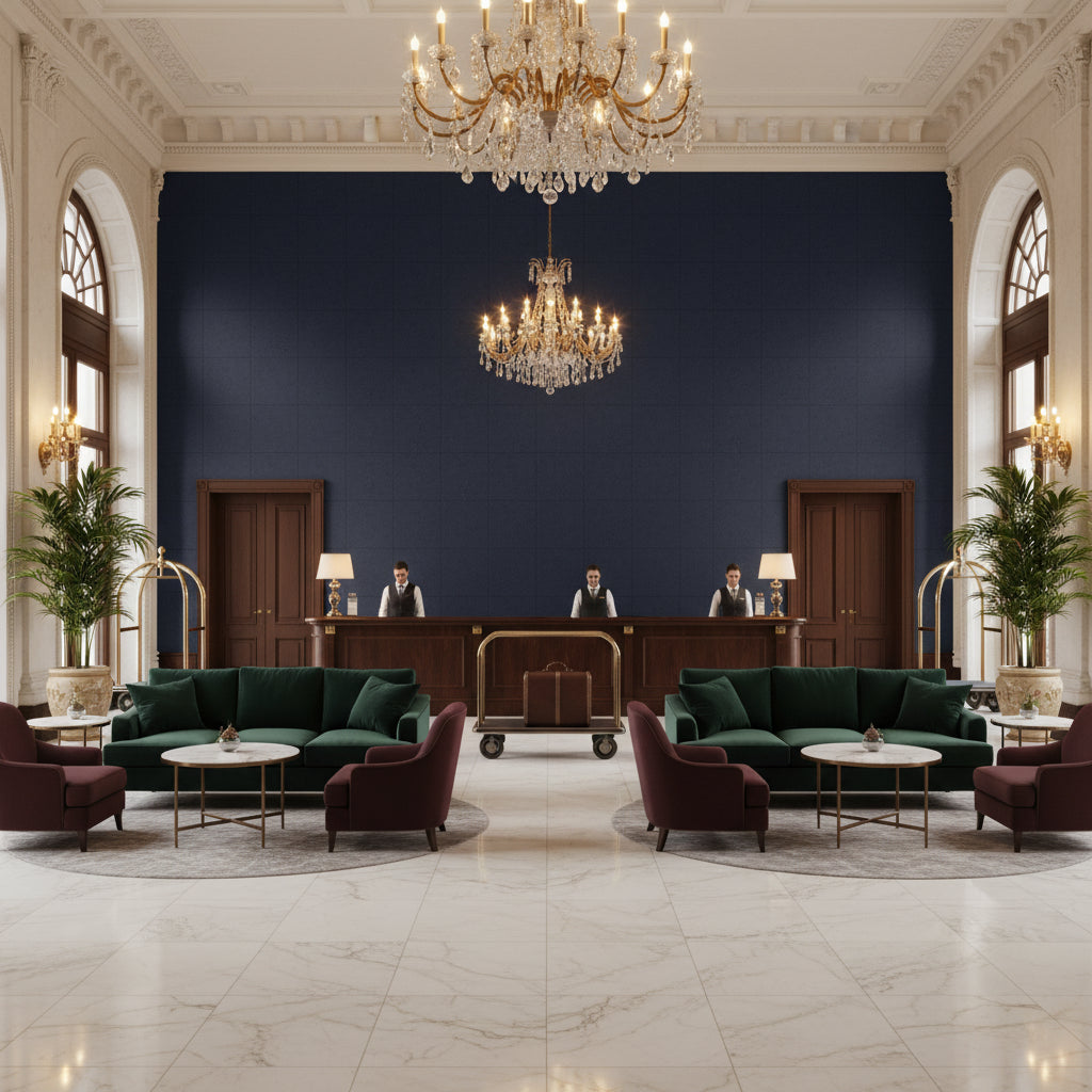 Oxford Velvet Royal | Kravet - Hotel Lobby Visualization (AI-generated, may not be to scale. Verify pattern scale with product specifications.)